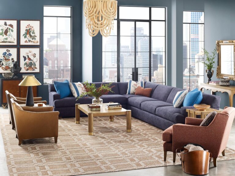 a well-furnished living room featuring a Taylor King Hawthorne sectional sofa as a prominent piece of furniture