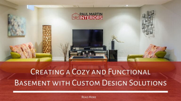 A renovated and furnished basement with the business logo, blog title, and read more option.